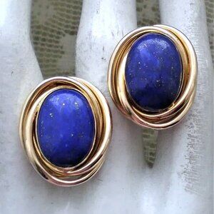 Peter Brams Designs PBD 14K Yellow Gold Lapis Lazuli Omega Back Earrings 12 g.